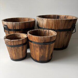 Set of 4 Vintage Rustic Wooden Barrel Planters w/ Drainage Hole